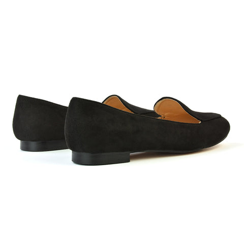 Quincy Slip On Low Heel Back to School Shoes Pumps Loafers in Black Faux Suede