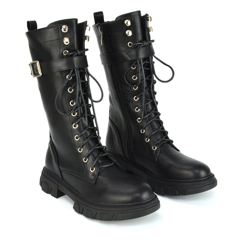 Lyla Mid Calf Lace Up Boots Flat Chunky Sole Biker In Black Synthetic Leather